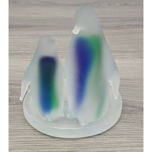 PartyLite‎ Penguin Votive Candle Holder Blue Green Frosted Glass P7196